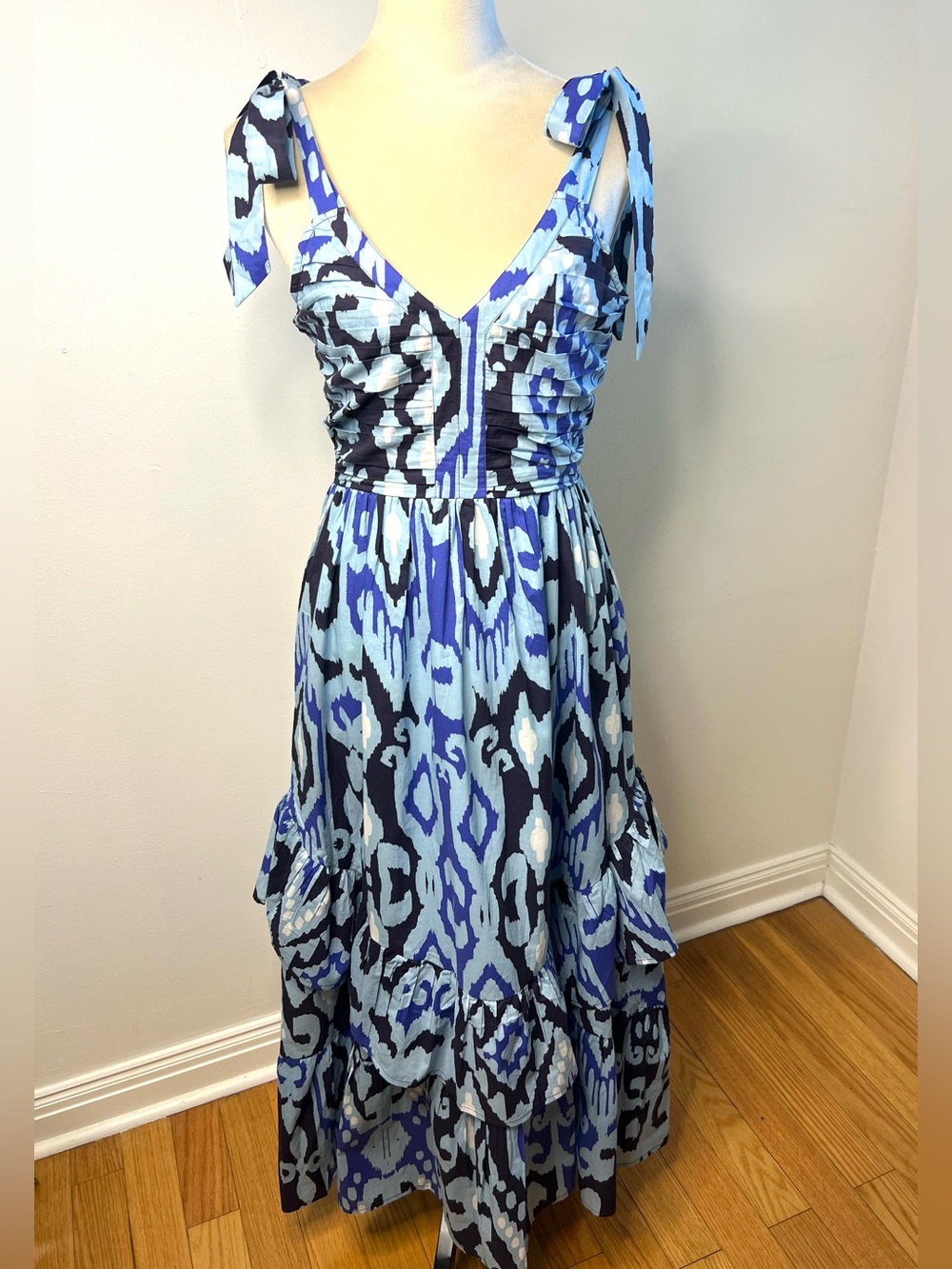 Love The Label Blue Patterned Tie-Shoulder Ruffle Maxi Dress Summer SZ S EUC